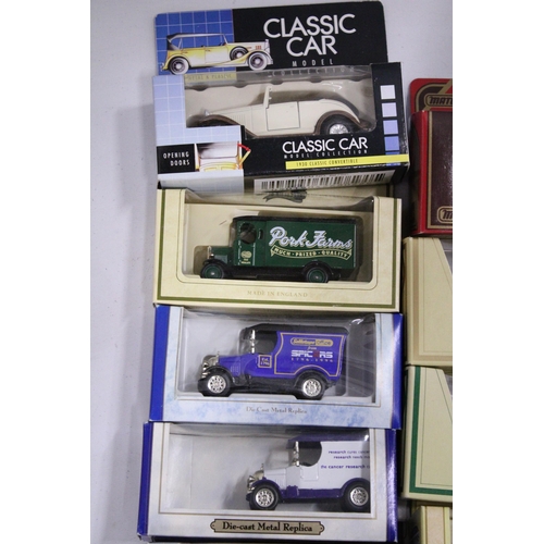 356 - SEVENTEEN BOXED DIE-CAST VINTAGE STYLE CARS AND VANS - MATCHBOX, YESTERYEAR, LLEDO, ETC