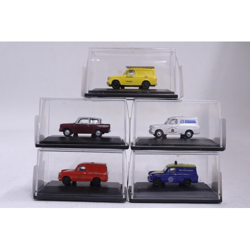 374 - FIVE BOXED OXFORD DIE-CAST ANGLIA VANS