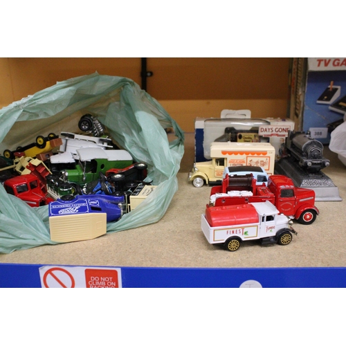 390 - A COLLECTION OF DIE-CAST VINTAGE STYLE VANS AND CARS, LLEDO, MATCHBOX, CORGI, ETC