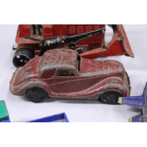 460A - SIX VINTAGE VEHICLES TO INCLUDE A DINKY TOYS, BLAW KNOX BULLDOZER, PICKFORDS REMOVAL VAN, TWO AEROPL... 