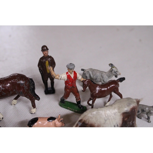 566 - A COLLECTION OF VINTAGE METAL FARM ANIMALS, ETC TO INCLUDE BRITAINS