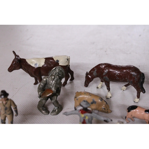 566 - A COLLECTION OF VINTAGE METAL FARM ANIMALS, ETC TO INCLUDE BRITAINS