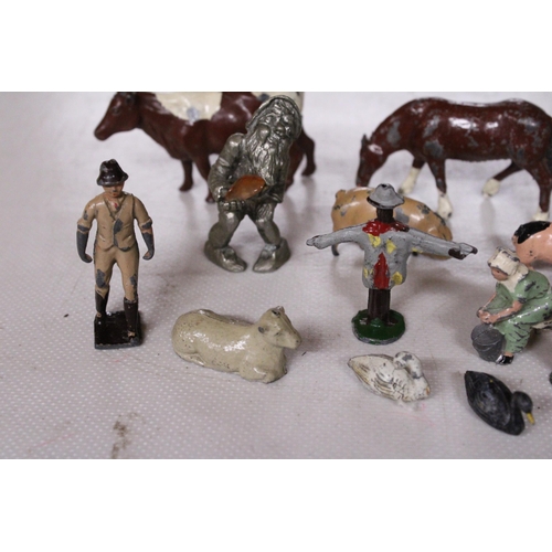 566 - A COLLECTION OF VINTAGE METAL FARM ANIMALS, ETC TO INCLUDE BRITAINS