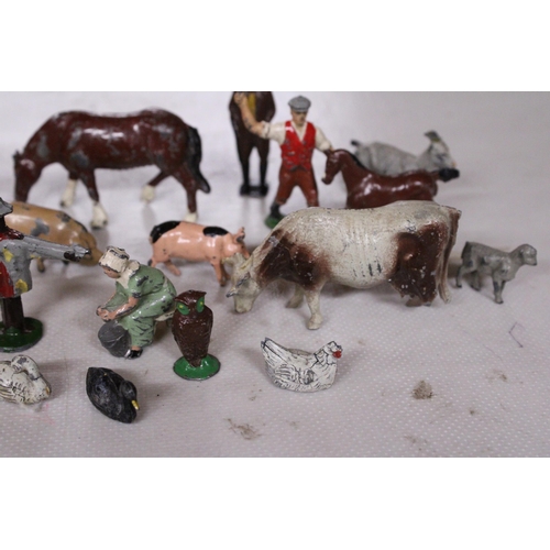 566 - A COLLECTION OF VINTAGE METAL FARM ANIMALS, ETC TO INCLUDE BRITAINS