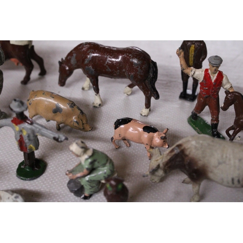 566 - A COLLECTION OF VINTAGE METAL FARM ANIMALS, ETC TO INCLUDE BRITAINS