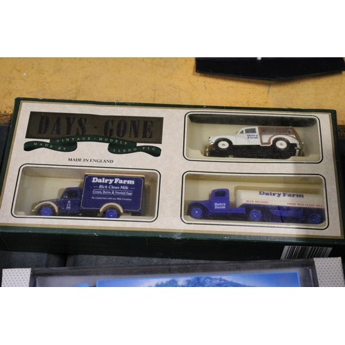 590A - FIVE BOXED VEHICLES TO INCLUDE A CORGI MILK MARKETING BOARD FORD TRANSIT - ALL BOXED PLUS A FISHER P... 