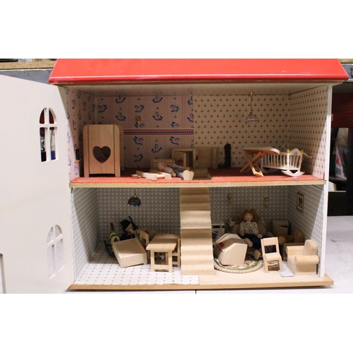 591A - A WOODEN DOLLS HOUSE WITH A QUANTITY OF FURNITURE AND FIGURES