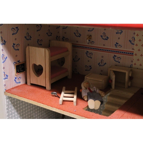 591A - A WOODEN DOLLS HOUSE WITH A QUANTITY OF FURNITURE AND FIGURES