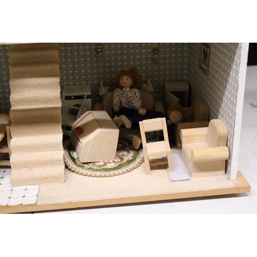 591A - A WOODEN DOLLS HOUSE WITH A QUANTITY OF FURNITURE AND FIGURES