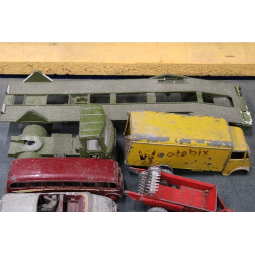 598 - EIGHT VINTAGE DINKY TOYS TO INCLUDE A VISCOUNT AEROPLANE, AEC ARTICULATED LORRY, LUXURY COACH, ETC -... 