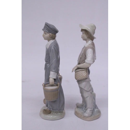 837 - TWO LLADRO FIGURES - BOY GOING FISHING (MISSING ROD) AND A BOY WITH PAILS