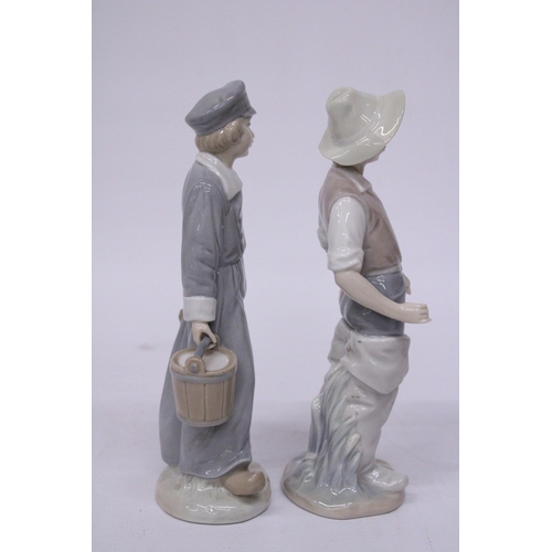 837 - TWO LLADRO FIGURES - BOY GOING FISHING (MISSING ROD) AND A BOY WITH PAILS