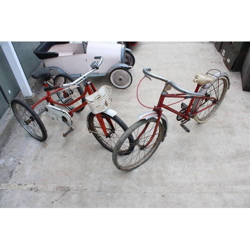 1511 - A CHILD'S VINTAGE TRICYCLE WITH FRONT BASKET AND A CHILD'S VINTAGE BICYCLE