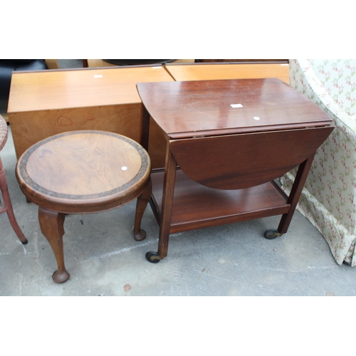 2821 - AN OVAL MAHOGANY DROP LEAF TWO TIER TROLLEY AND A HARDWOOD COFFEE TABLE, 18.5