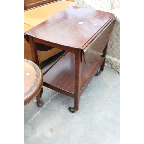 2821 - AN OVAL MAHOGANY DROP LEAF TWO TIER TROLLEY AND A HARDWOOD COFFEE TABLE, 18.5