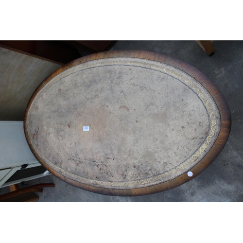 2824 - AN OVAL MAHOGANY COFFEE TABLE WITH INSET LEATHER TOP ON PEDESTAL BASE, 48