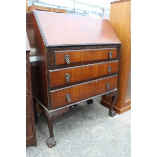 2945 - A MID 20TH CENTURY MAHOGANY BUREAU ON CABRIOLE LEGS WITH BALL AND CLAW FEET, 29.5