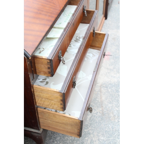 2945 - A MID 20TH CENTURY MAHOGANY BUREAU ON CABRIOLE LEGS WITH BALL AND CLAW FEET, 29.5