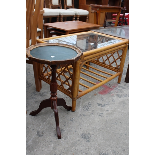 2948 - A BAMBOO AND WICKER COFFEE TABLE AND TRIPOD WINE TABLE