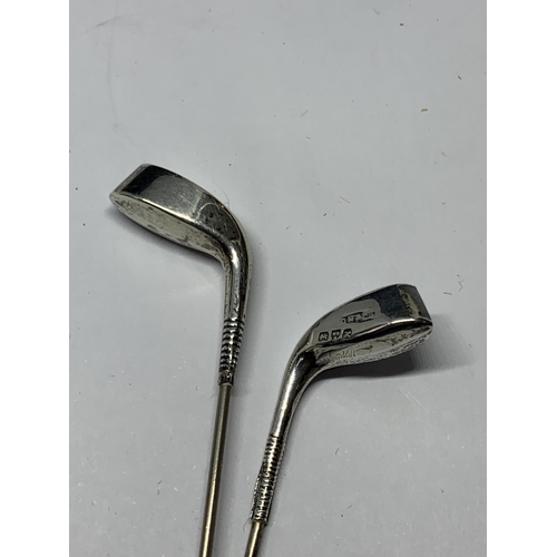 620 - TWO HALLMARKED SILVER GOLF CLUB STYLE HAT PINS ONE MARKED CHESTER THE OTHER INDISTINCT