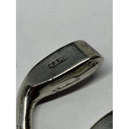 620 - TWO HALLMARKED SILVER GOLF CLUB STYLE HAT PINS ONE MARKED CHESTER THE OTHER INDISTINCT