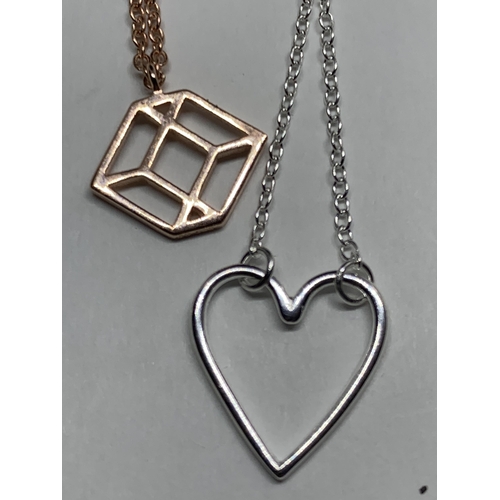 626 - FOUR MARKED SILVER NECKLACES WITH PENDANTS ONE BEING GOLD PLATED THE OTHER ROSE GOLD PLATED