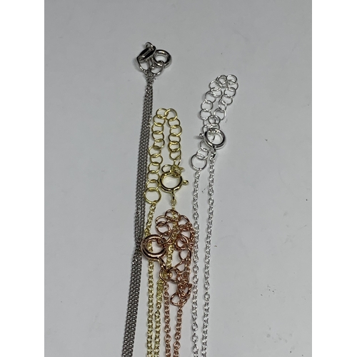 626 - FOUR MARKED SILVER NECKLACES WITH PENDANTS ONE BEING GOLD PLATED THE OTHER ROSE GOLD PLATED