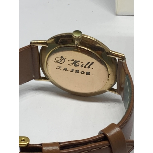 654 - A VINTAGE CYMA GOLD PLATED WRISTWATCH WITH LEATHER STRAP IN A PRESENTATION BOX, SEEN WORKING BUT NO ... 