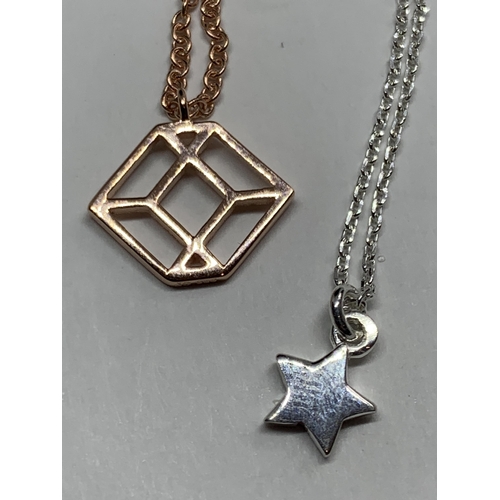 667 - FOUR MARKED SILVER NECKLACES WITH PENDANTS TO INCLUDE A GOLD PLATED AND A ROSE GOLD PLATED