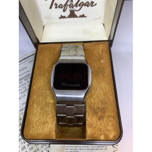 687 - A VINTAGE TRAFALGAR FIVE FUNCTION DIGITAL WATCH WITH STAINLESS STEEL CASE AND STRAP, ORIGINAL INSTRU... 