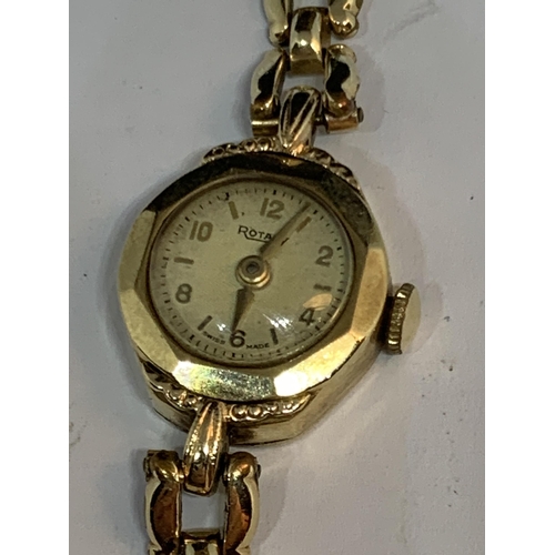 690 - A ROTARY LADIES WRIST WATCH WITH MARKED 9 CARAT GOLD CASE AND GOLD PLATED STRAP