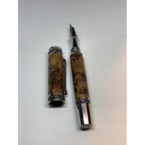 716 - A HANDMADE BURR WALNUT FOUNTAIN PEN