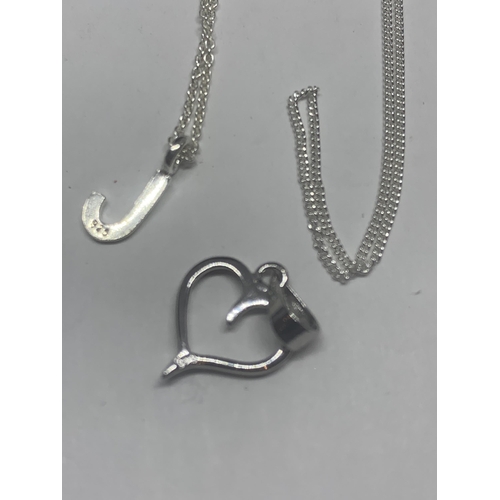 732 - THREE MARKED SILVER BRACELETS WITH S AND J INITIALS AND A SILVER NECKLACE WITH HEART PENDANT (AF)