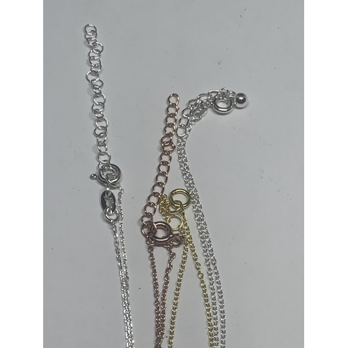 733 - FOUR MARKED SILVER NECKLACES TO INCLUDE A GOLD PLATED AND A ROSE GOLD PLATED