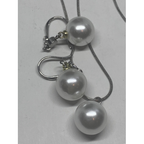 741 - THREE NECKLACES WITH PEARL STYLE PENDANTS AND TWO PAIRDS OF PEARL STYLE EARRINGS