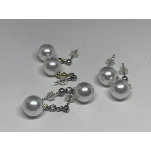 745 - THREE PAIRS OF PEARL STYLE DROP EARRINGS