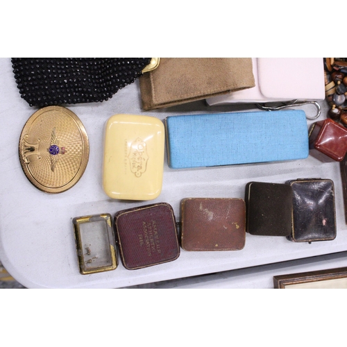 201 - A QUANTITY OF COSTUME JEWELLERY, CLUTCH BAGS, VINTAGE JEWELLERY BOXES, ETC.,