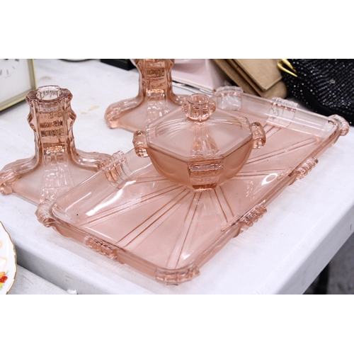 203 - A VINTAGE 50'S RETRO PINK GLASS DRESSING TABLE SET