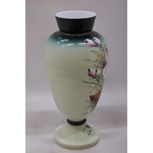 225 - A LARGE VICTORIAN OPALINE, HAND PAINTED GLASS VASE, HEIGHT 36CM