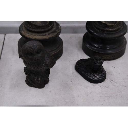 238 - A PAIR OF VINTAGE SPELTER FIGURES ON BASES PLUS A FIGURE OF AN OWL AND A COAL BUCKET