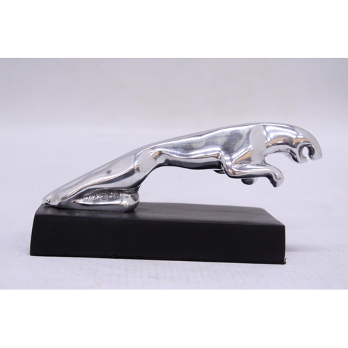 250 - A CHROME JAGUAR CAR MASCOT ON A BASE, HEIGHT 7CM, LENGTH 14CM