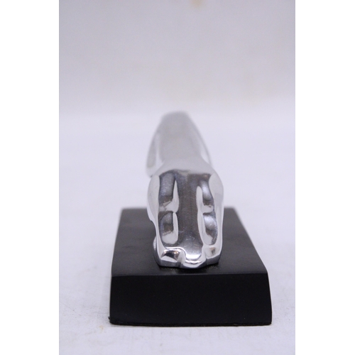 250 - A CHROME JAGUAR CAR MASCOT ON A BASE, HEIGHT 7CM, LENGTH 14CM