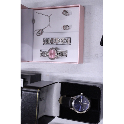 253 - A QUANTITY OF WATCHES AND WATCH SETS, SOME NEW IN BOXES TO INCLUDE PULSAR QUARTZ, GENEVA, ORLANDO, E... 