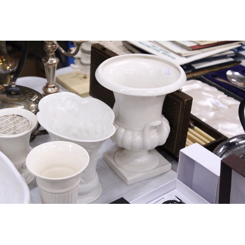 254 - A COLLECTION OF CLASSICAL STYLE WHITE AND CREAM VASES, PLANTERS AND A WALL POCKET TO INCLUDE WEDGWOO... 