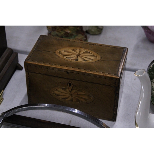 258 - AN EDWARDIAN TEA CADDY WITH SHELL DECORATION INLAY PLUS A WALL AND HAND MIRROR