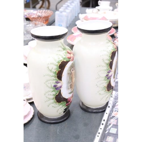 276 - A PAIR OF FRENCH STYLE OPALINE HAND PAINTED VASES WITH TRANSFERS OF MAIDENS, HEIGHT 32CM