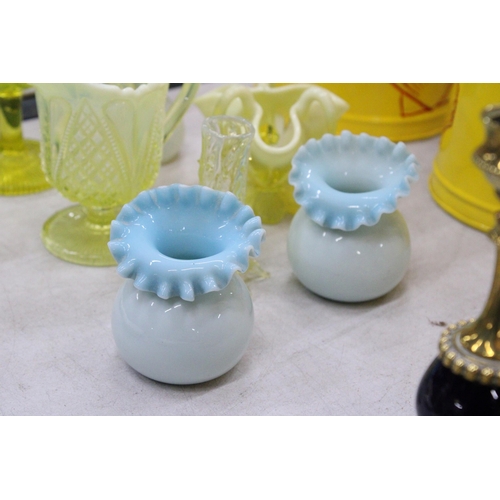 291 - TWO HAND BLOWN BLUE CASED GLASS VASES WITH RUFFLED EDGES (POSSIBLY FENTON) TOGETHER WITH DAVIDSON PR... 