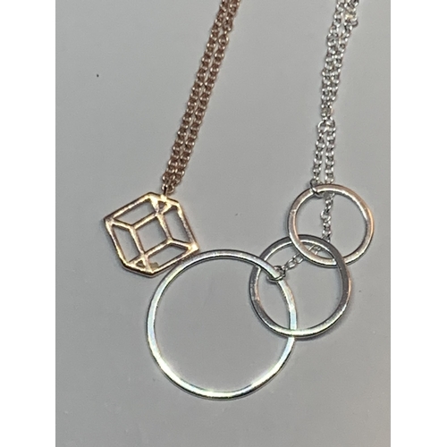 551 - FOUR MARKED SILVER NECKLACES WITH PENDANTS TO INCLUDE A ROSE GOLD PLATED