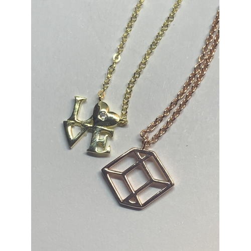 553 - FOUR MARKED SILVER NECKLACES WITH PENDANTS TO INCLUDE A YELLOW GOLD AND A ROSE GOLD PLATED