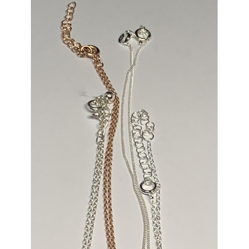 680 - FOUR MARKED SILVER NECKLACES ONE ROSE GOLD PLATED